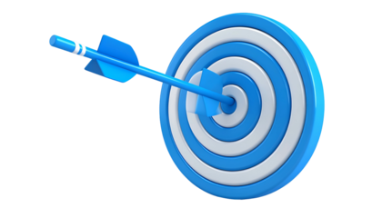 Blue and white target with an arrow hitting the bullseye on a black background