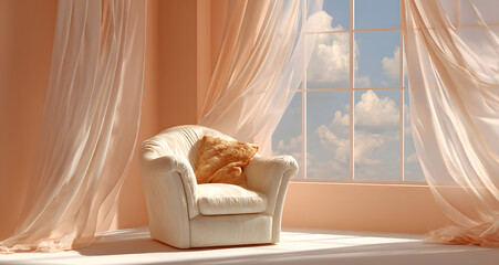 Cloud dancer minimalist aesthetic room design ideas white interior with chair and curtains decor, colour of the year 2026