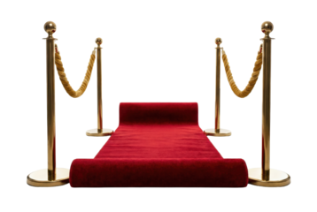 Red carpet roll with gold stanchions and velvet ropes. VIP entrance.