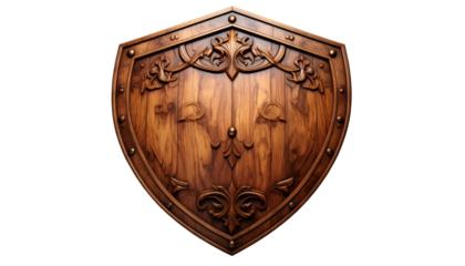 Ornately carved wooden shield, showcasing detailed floral motifs, rivets, and a classic form