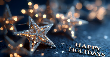 Sparkling star shaped bokeh lights twinkling in a dark blue background with a happy holidays message
