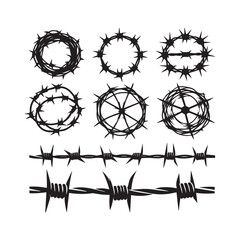 Barbed Wire Set Silhouette Illustration in Black Style