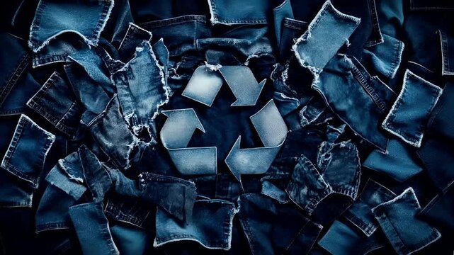 Recycling. Environment conservation. Waste management. A closeup view of a pile of blue jeans with a recycling symbol in the center. The jeans are in various stages of disrepair.