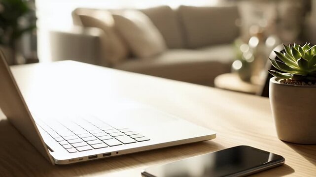 Bright and modern home office setup featuring a laptop smartphone succulent plant and cozy sofa bathed in warm natural light perfect for remote work