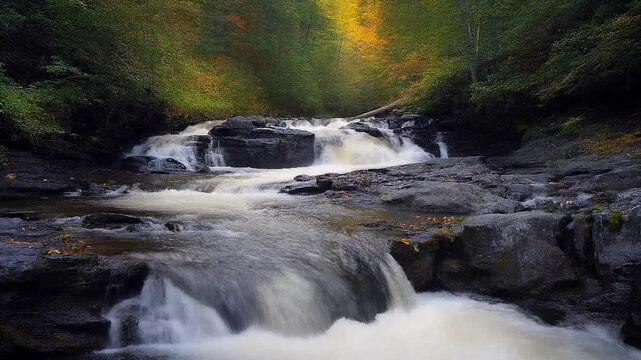 Flowing river cascade through rocky gorge with mossy forest backdrop