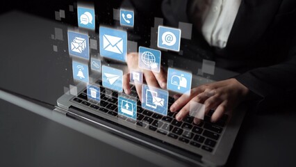 Email icons show digital communication, email service, and inbox management. Email supports online messaging, email notification, and secure exchange. Funnel