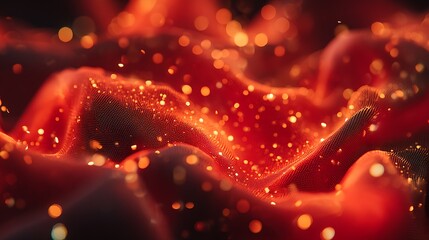 Abstract Red Digital Data Waves with Glowing Particles for Technology and Innovation Concepts