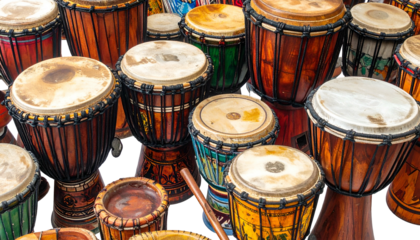 Close-up of multiple hand drums with natural wood, rope, and stretched skin heads