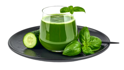 A glass of vibrant green juice sits on a plate with cucumber and fresh basil leaves