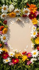 Obraz premium Vibrant floral heart frame with colorful flowers and greenery background