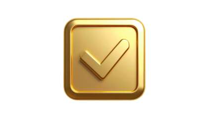 A golden checkmark icon, inside a rounded square, on a black background