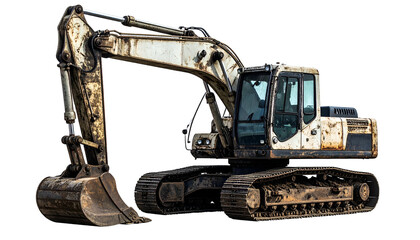 Side view of a weathered, heavy-duty excavator on a transparent background, ready for work
