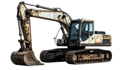Side view of a weathered, heavy-duty excavator on a transparent background, ready for work