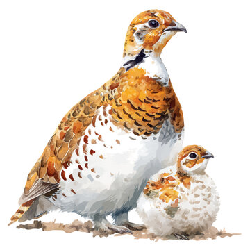 Ptarmigan With Its Baby in watercolor style, vector illustration, isolated on white background.