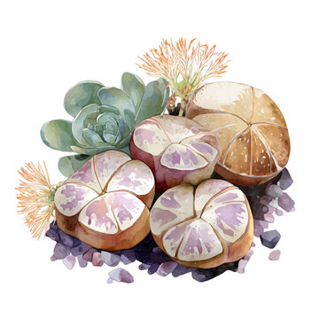 Lithops in watercolor style, vector illustration, isolated on white background.
