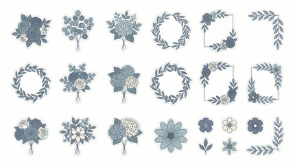 Vector icons Elegant Floral Wreath and Bouquet Collection in Muted Blue Tones. Vector Illustration. EPS Editable