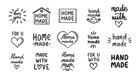 vintage old style hand made and made with love labels writings set. Hand drawn doodle outline drawing hand made line clipart symbol