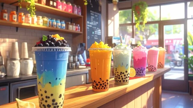 Colorful bubble tea drinks line a counter in a bright, inviting beverage shop.