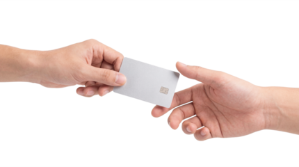 Two hands exchanging blank silver credit card with chip isolated on transparent background
