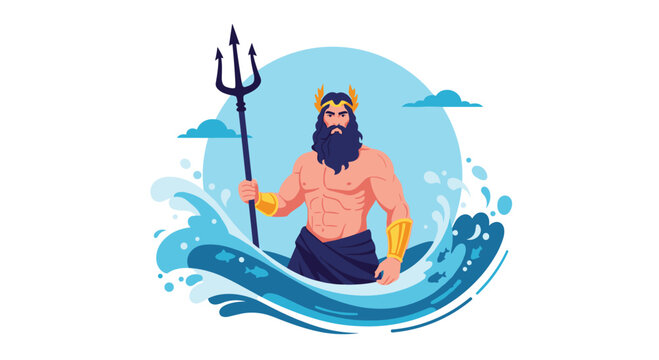 Powerful illustration of Poseidon holding his trident while standing amidst crashing blue ocean waves under a clear sky for mythological themes.