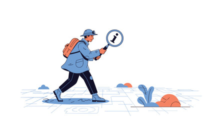 Fototapeta premium Curious explorer wearing a hat and backpack walking across a digital grid while looking through a magnifying glass with an information icon symbol.