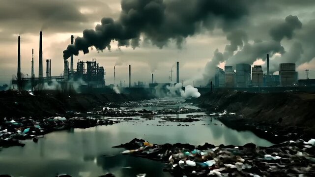 Recycling. Environment conservation. Waste management. Aerial view of a polluted industrial area with a river reflecting on its surface. The sky is overcast with dark, ominous clouds.