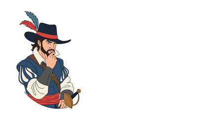 Thoughtful historical musketeer character in a traditional blue outfit and feathered hat contemplates a serious decision.