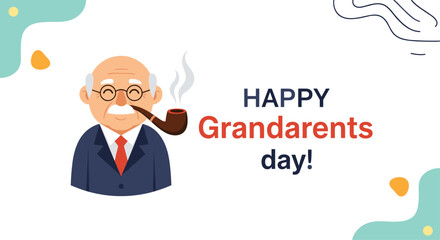 Friendly senior man with glasses and a mustache enjoys smoking his pipe to celebrate a happy grandparents day.