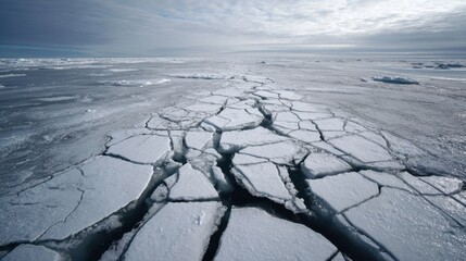 Wide view of fractured ice sheets on a frozen expanse, showcasing the natural beauty and harsh conditions of the Arctic environment during daytime under overcast skies.
