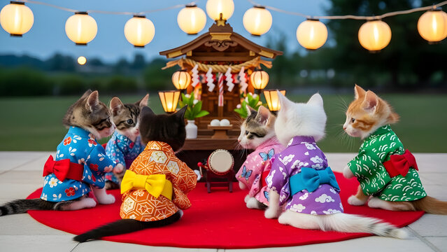 Adorable kittens dressed in traditional Japanese yukatas celebrate a festive evening gathering around a miniature wooden shrine with glowing lanterns
