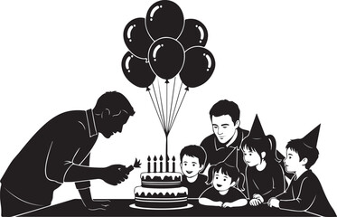 Silhouette Family Celebrating Birthday Lighting Candles on Cake