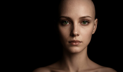 Close-up portrait of a woman with shaved head and intense green eyes, neutral expression, dark background
