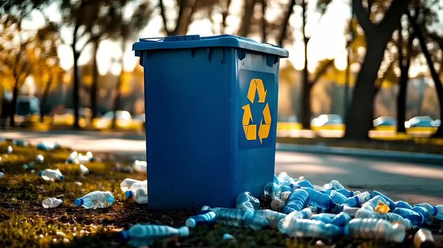 Recycling. Environment conservation. Waste management. A closeup shot of a blue recycling bin with a yellow recycling symbol on it, set against a backdrop of a park during autumn.