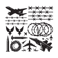 Collection of various barbed wire illustrations and symbols