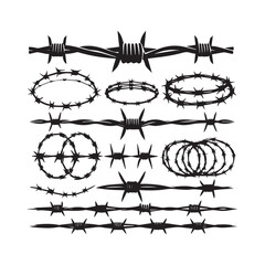 Collection of various barbed wire illustrations and symbols