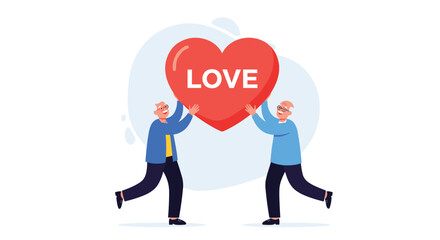 Two happy elderly men carrying a large red heart with the word Love written on it during a joyful celebration of affection.