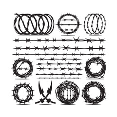 Collection of various barbed wire illustrations and symbols