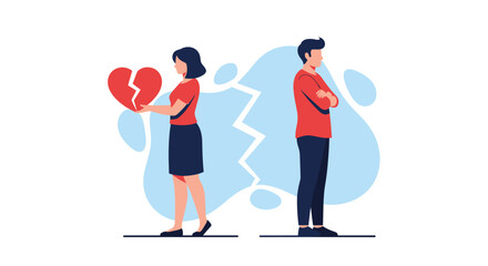 Sad couple standing back to back with a large broken red heart representing a breakup or serious relationship problems.