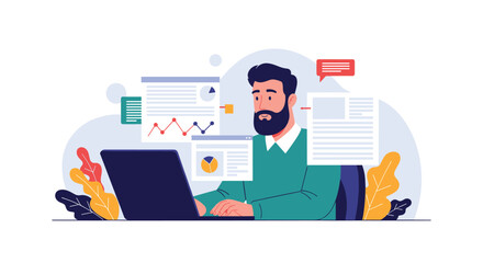 Busy man with a beard working on a laptop with various data charts and graphs floating around him in a modern office.