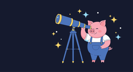 Cute little pig wearing blue overalls looking through a large blue telescope at the bright stars in the dark night sky.