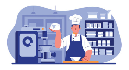 Professional chef in a kitchen holding up a white dessert while standing near shelves of various ingredients and equipment.