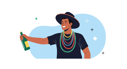 Happy man wearing a stylish hat and several colorful necklaces holding a bottle of sparkling wine during a festive party.