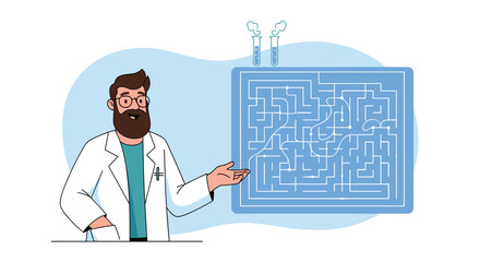 Professional scientist or doctor in a white coat explaining a complex maze or labyrinth on a blue board with test tubes.