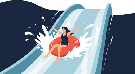 Excited woman sliding down a steep water slide on a red inflatable ring with huge water splashes in a fun aquatic park.