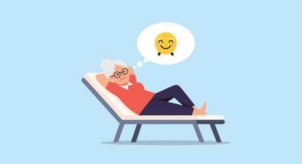 Happy senior woman relaxing on a lounge chair and dreaming of a bright smiley face during a peaceful vacation at the beach.