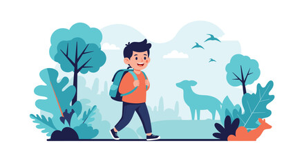 Happy young boy with a blue backpack hiking in a lush forest with trees and birds as part of an outdoor adventure.