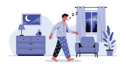 Man in pajamas sleepwalking with his eyes closed through a room at night with a bright crescent moon in the window.