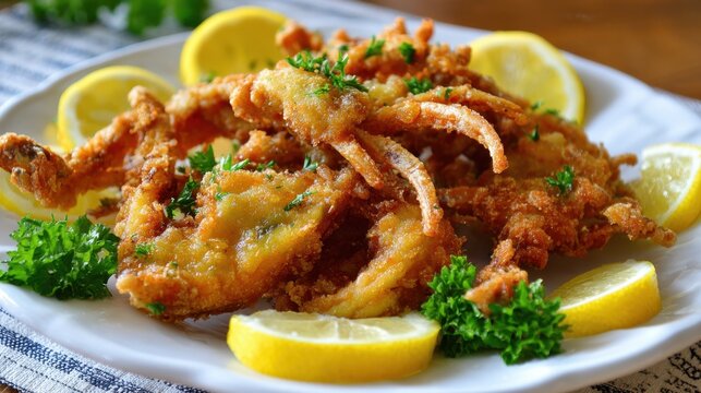 Crispy fried soft shell crabs are arranged on a plate with fresh lemon slices and parsley. The setting is cozy and inviting, perfect for enjoying seafood delicacies.