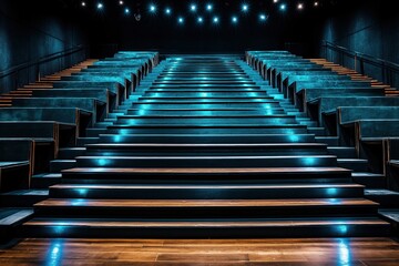 Obraz premium An empty cinema with blue and teal lighting showing steps leading to rows of seats with wooden frames for movie watching atmosphere