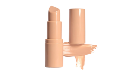 Nude lipstick sticks, one open with swatch, against black background